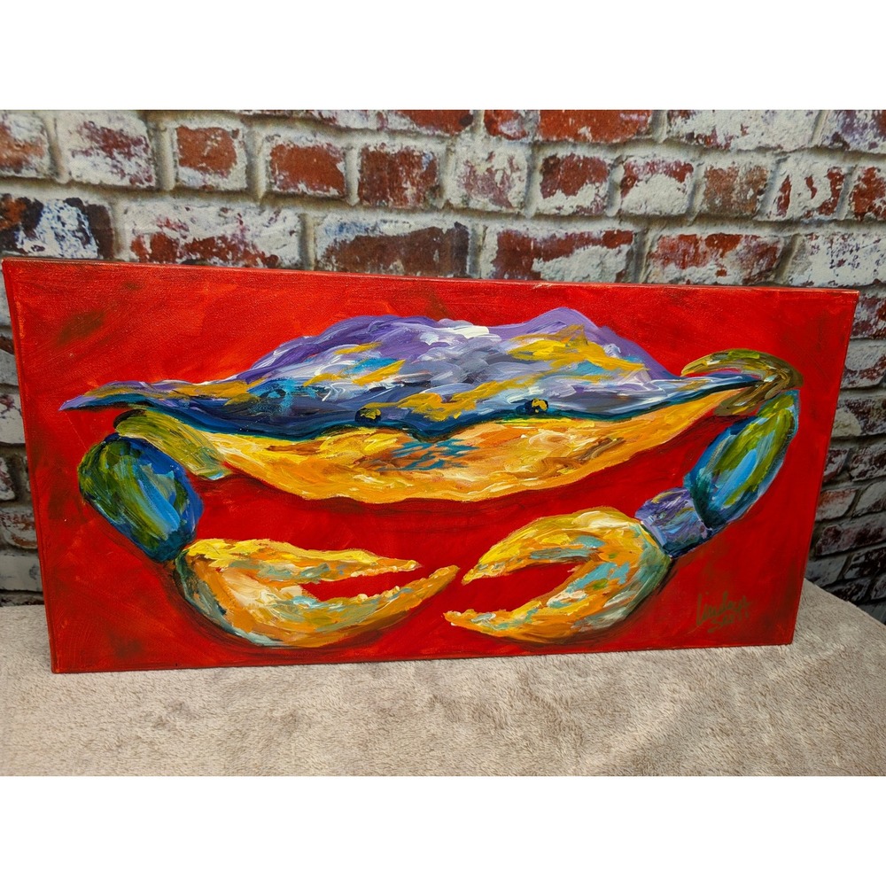 Linda Scott Signed Blue Crab Oil Painting 12x24 Red Coastal Expressionist Art